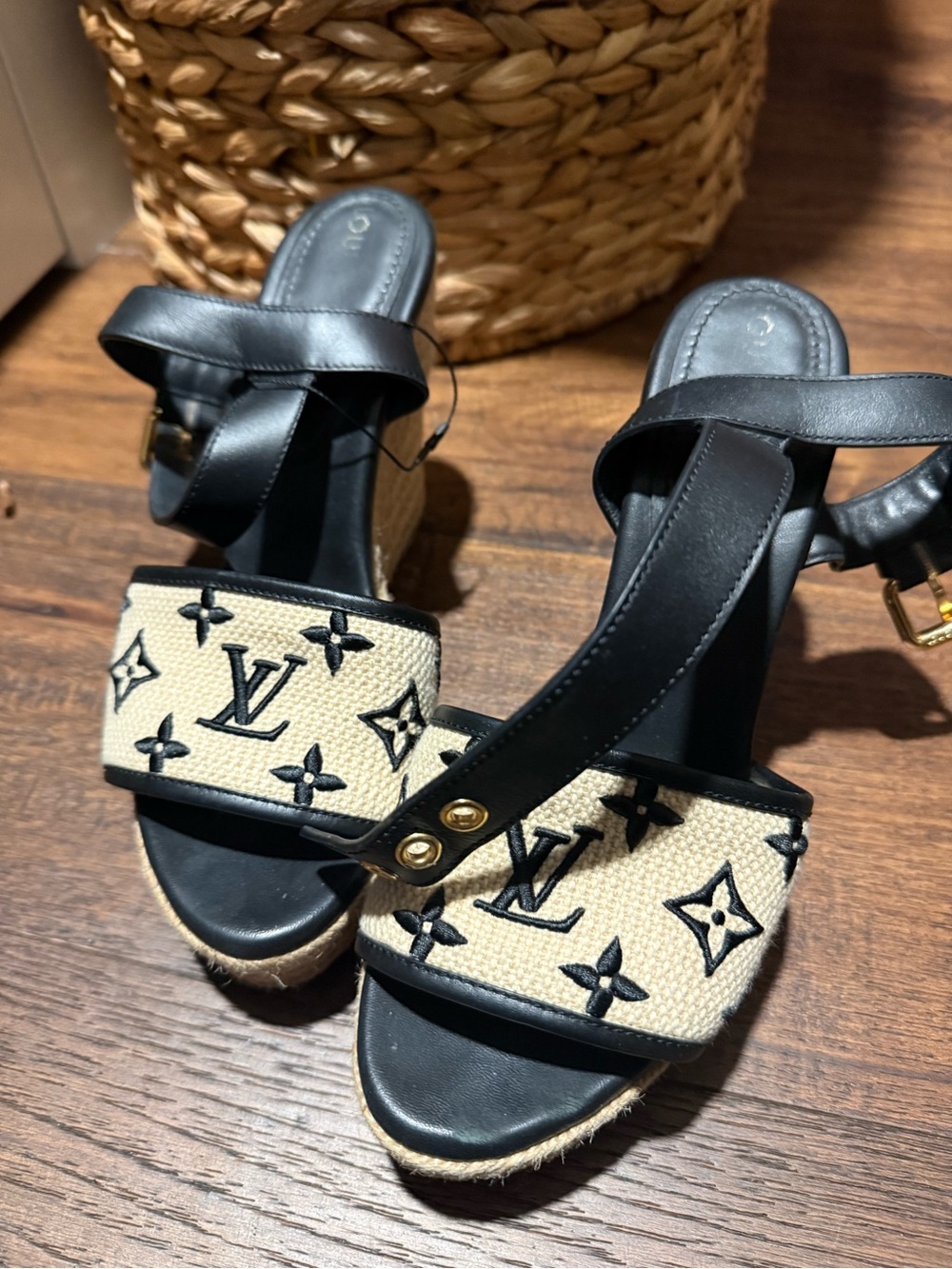 Louis Vuitton Black and Natural Monogram Espadrille Wedge Sandals
